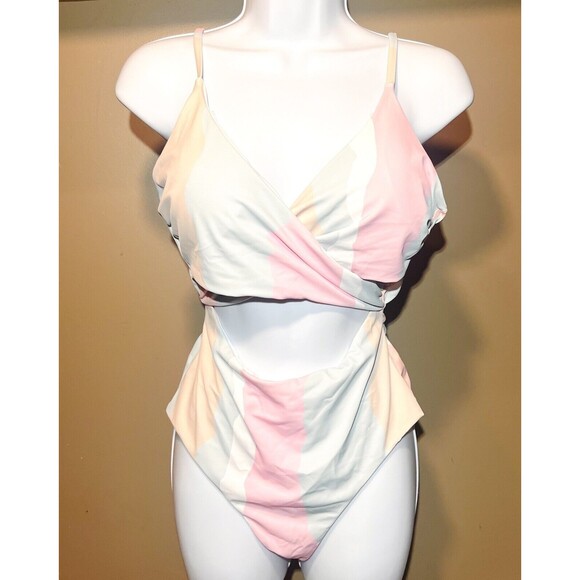 Women’s One Piece Cut-Out Wrap Tie Back Swimsuit - Pastel -  L - Picture 2 of 4